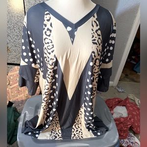 New Lily by Firmiana black and beige, leopard patchwork laye v neck tunic 1X